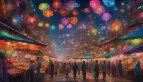 Step into a vibrant, bustling market set among the stars, where the anti-realism style transforms ordinary scenes into surreal spectacles. Colorful stalls brim with bizarre alien wares, while visitors of all shapes and sizes engage in lively trade. Ethereal lights twinkle in the void, enhanced by whimsical distortions that challenge the boundaries of reality.