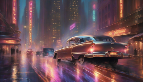 A luxurious, mystical scene unfolds amidst Art Deco skyscrapers, neon lights dancing across wet pavement, as a vintage car speeds by, enveloped in a swirling mist of jazz and champagne, evoking the opulence of a bygone era.