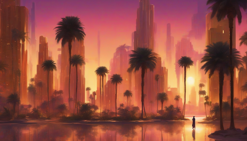 Imagine a vibrant scene where towering skyscrapers seamlessly blend into the golden sands of a mysterious desert oasis. Glittering city lights reflect off shimmering water pools, surrounded by lush palm trees and exotic flora. Shadowy figures meander through the streets, their silhouettes illuminated by the warmth of a setting sun, creating an atmosphere of intrigue and serenity.