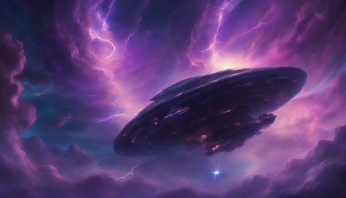 A dark, ominous spaceship emerges from a swirling vortex of purple and blue clouds, with lightning illuminating the dark sky, as a distant planet looms in the background, surrounded by a halo of faint, glowing stars and nebulae.