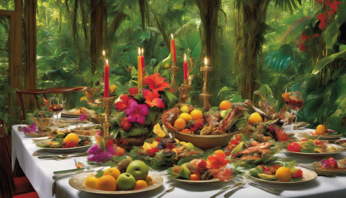 Picture a lavish dining table set amidst the lush, emerald foliage of a tropical rainforest. Sunlight filters through the dense canopy, casting dappled shadows on the vibrant, exotic flowers surrounding the scene. Plates overflow with colorful, fresh fruits, lavish seafood, and aromatic spices, while the melodies of wildlife create a symphony of nature. It’s an unforgettable feast for the senses, immersed in dappled sunlight and rich biodiversity.