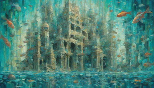 A fragmented, dreamlike underwater palace rises from the depths, its cubist structures dissolving into swirling aqua hues, as fish dart between abstract, geometric columns and shimmering jewels scattered amidst the wreckage.