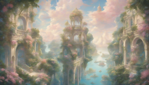 Delicate, pastel-hued islands float effortlessly amidst wispy clouds, adorned with intricate Rococo arches, and lush greenery, evoking a sense of ethereal wonder and serene beauty, as if plucked from a dream world.