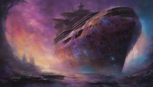 Imagine a colossal, weathered starship, its metallic surface patched with rust and overgrown vines, drifting silently through a nebula painted in vibrant purples and blues. The ship's shattered windows reveal glimpses of forgotten technology, while ethereal light beams dance around it. This piece evokes a haunting sense of isolation and beauty, merging the grandeur of conceptual art with the mysteries of an abandoned universe.