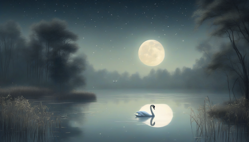 A serene, moonlit lake reflects towering trees, their branches swaying gently in the breeze, as a lone swan glides across the water, surrounded by soft, whispering reeds and a sky full of stars, evoking a sense of peaceful tranquility.