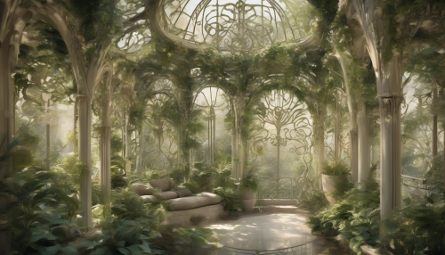 Delicate ironwork and sinuous lines weave together amidst lush hanging gardens, as Art Nouveau elegance merges with nature's splendor, transporting all to an ethereal realm of serenity and breathtaking beauty.