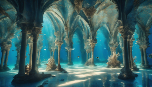 Create a breathtaking image of a majestic underwater palace, captured through the lens of silhouette photography. The ornate spires and intricate arches rise dramatically from the ocean floor, enveloped in shimmering blue hues and delicate marine life. Soft beams of sunlight filter through the water, casting enchanting shadows that dance across the seabed, evoking a sense of mystery and wonder.