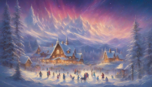 Under the vibrant aurora, delicate snowflakes swirl and dance, filling the air with magic and wonder, as joyful celebrations unfold on the snowfield, surrounded by an enchanting winter landscape.