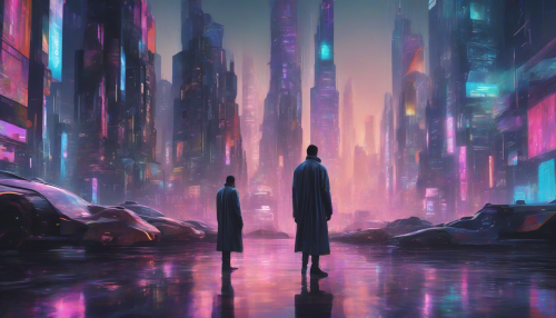 Generate an image of a futuristic cityscape at dusk, with sleek skyscrapers and neon lights reflecting off wet pavement, as a lone figure in a long coat walks towards the camera, surrounded by holographic billboards and flying cars zipping by.