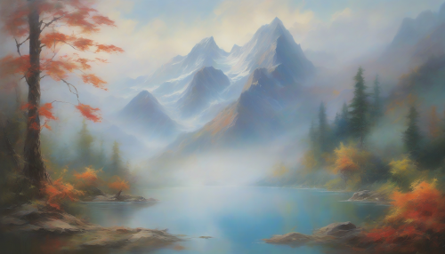 Serene waters mirror the majestic mountain, as vibrant foliage and misty veil dance around, evoking a sense of solitude and tranquility in this enchanting symbolism of nature's beauty.