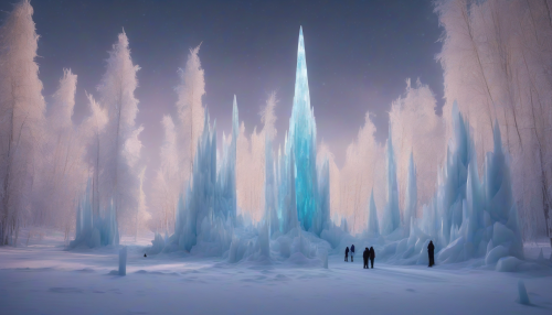 Immerse yourself in a breathtaking installation art scene set in a frozen tundra, where towering ice spires rise majestically against a stark, white backdrop. Shimmering frost clings to each spire, reflecting the soft glow of the ethereal auroras above. The ground is a smooth blanket of snow, inviting visitors to explore the serene beauty of this otherworldly landscape where art and nature converge.