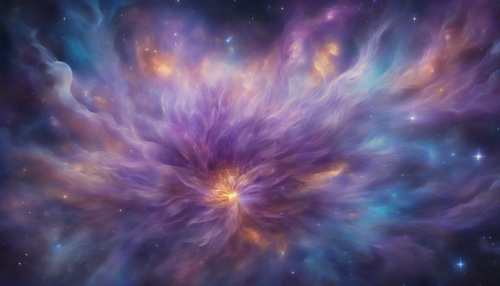 Vibrant, swirling clouds of purple and blue gas envelop a glowing, ethereal flower, as stars and galaxies dance in the background, evoking a sense of celestial wonder and mystical connection to the universe.