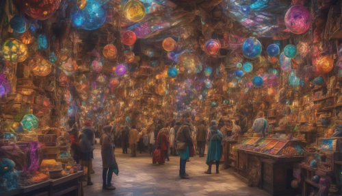 In a vibrant, otherworldly marketplace, medieval-inspired stalls and alien vendors converge, offering rare, cosmic wares amidst a kaleidoscope of colors and exotic aromas, as shoppers from diverse planets haggle and marvel at the wonders on display.