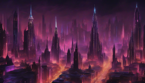 A city shrouded in perpetual darkness, its Art Deco spires and skyscrapers adorned with glittering diamonds and neon lights, evoking a sense of mystical luxury and forgotten eras, where ancient secrets and modern marvels entwine in an eternal, dark dance.