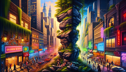 A bustling cityscape merges seamlessly with the enchanting allure of Mystic Canyon. In this vibrant scene, graffiti-covered walls blend with towering rock formations, where street performers dance under the glow of neon lights. Lush greenery cascades from canyon crevices, while the echoes of urban sounds harmonize with the whispers of nature, creating a captivating visual narrative.