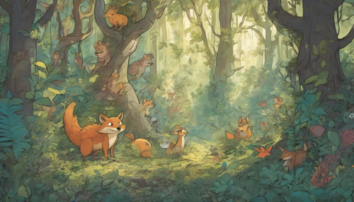 In an enchanting comic-style illustration, a dense, mystical forest teems with oversized, vibrant flora. Playful woodland creatures emerge from behind towering trees, their exaggerated features lending humor and charm. Sunlight filters through the thick canopy, casting dappled shadows on the forest floor, while mischievous whispers echo among the leaves, inviting viewers into a magical tale of adventure and discovery.