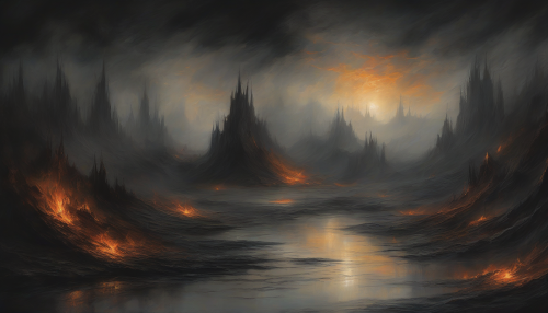 In the darkest depths, glowing brushstrokes dance upon the Netherworld's eerie landscape, as if the shadows themselves were set aflame, weaving an otherworldly tapestry of light and darkness.