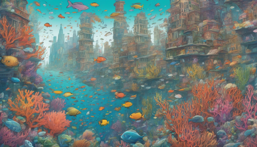 Vibrant, hand-drawn coral formations engulf an underwater metropolis, with schools of fish darting past colorful buildings, as seaweed sways to the ocean's rhythm, creating a lively, immersive atmosphere.