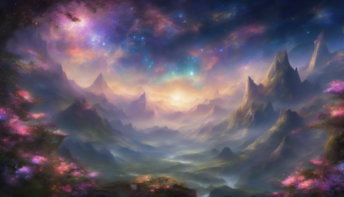 A breathtaking vista unfolds in a mystical valley where vibrant, luminescent flowers bloom under a star-studded sky. Ethereal light cascades over the petals, revealing intricate patterns that whisper secrets of the universe. Towering mountains cradle this enchanted realm, while gentle mists swirl around, hinting at ancient prophecies waiting to be uncovered amidst the resplendent flora.