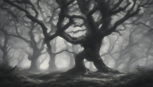 Moonlit shadows dance across the forest floor, where ancient trees whisper secrets to the wind, their soft murmurs a stark contrast to the turmoil that brews beneath, as nature's harmony is disrupted by the discord of conflicting forces.