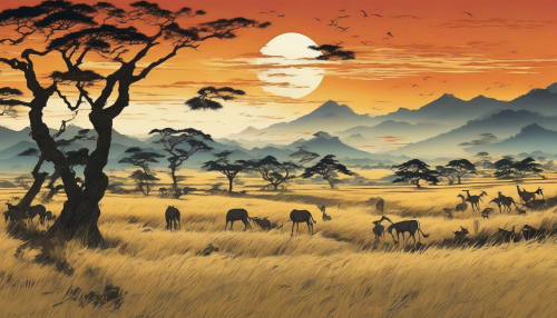 Picture a serene landscape where the vibrant colors of the golden savannah come alive in the traditional Ukiyo-e style. Endless fields of swaying grass stretch towards a horizon painted with a radiant sunset. Silhouettes of acacia trees dot the scenery, while graceful animals roam freely, each detail intricately highlighted, evoking a sense of peace and timeless beauty.