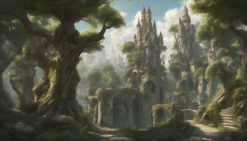 A medieval-inspired landscape unfolds amidst a towering enchanted forest, where gnarled trees stretch towards the sky and ancient magic permeates the air, as intricate stone architecture blends seamlessly with nature's splendor.