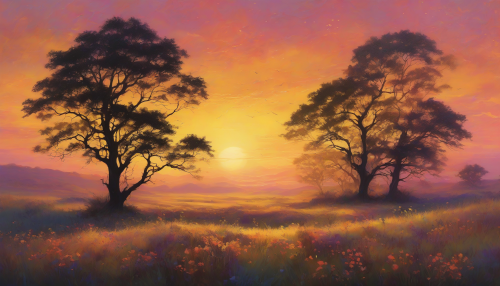 Soft, golden light dances across the undulating Astral Wind Plains, as dark silhouettes of trees and wildflowers stand poised against a vibrant, gradient sky, evoking a mystical atmosphere of serene wonder.