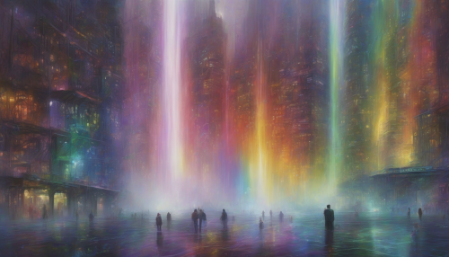 In the heart of a dystopian metropolis, Rainbow Veil Falls cascades into a luminous abyss, its vibrant hues clashing with the dark, gritty cityscape, as holographic advertisements dance across the misty veil, reflexivity blurring reality.