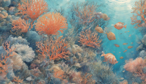 Delicate hand-drawn coral reefs bloom with colorful sea anemones, schools of fish darting through waving sea fans, and sunlight dancing across the rippling ocean floor, creating an enchanting underwater world.