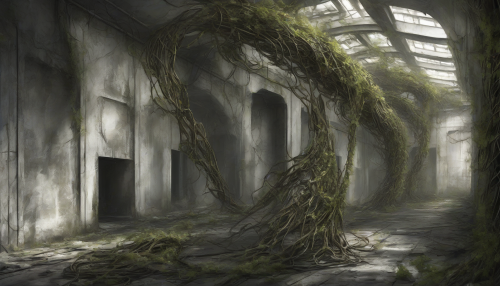 Abandoned corridors, once bustling with alien life, now echo with an eerie silence, as vines and debris entwine the metallic hull, a haunting testament to a long-lost civilization's collapse.