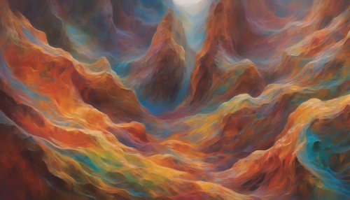 A vibrant, ethereal landscape unfolds, as swirling abstract patterns dance across the rugged terrain of Mystic Canyon, evoking an otherworldly aura of mystery and enchantment, beckoning the viewer to wander through its shimmering, dreamlike depths.