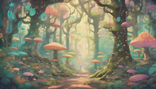 Imagine a vibrant enchanted forest where towering trees, dripping with luminescent moss and whimsical flora, intertwine with retro aesthetics. Soft pastel colors and nostalgic patterns dance through the air, while playful creatures don vintage attire, exploring their magical habitat. Sunlight filters through the old-growth canopy, casting a kaleidoscope of colors onto the forest floor, creating a dreamlike atmosphere.