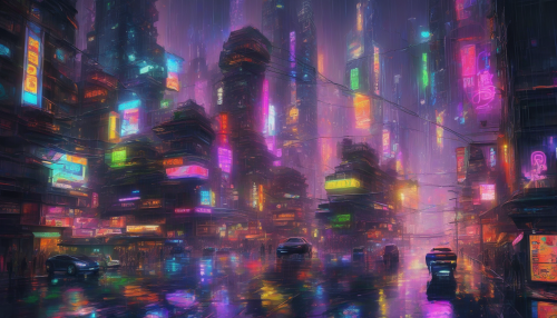 A dark, rainy cityscape unfolds with neon lights reflecting off wet pavement, towering skyscrapers, and flying cars zipping by, as humans and robots coexist in a bustling, high-tech metropolis filled with vibrant colors and mesmerizing details.