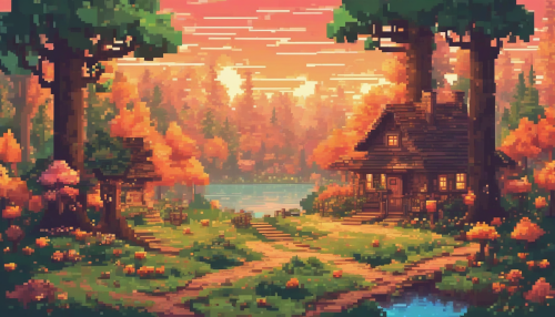 A nostalgic scene of an 8-bit forest, with vibrant pixelated trees, a glowing sunset, and a quaint cottage, evoking a sense of retro gaming charm and whimsical adventure.