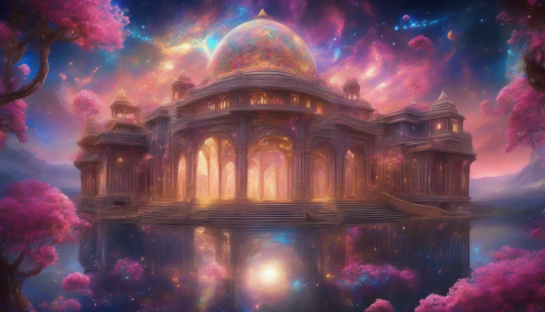 Envision a majestic palace adorned with swirling nebulae and vibrant cosmic flora, its architecture intertwining with luminous vines and ethereal blossoms. Celestial fauna flit around, their colors reflecting the starlit skies. The palace exudes a serene yet otherworldly aura, set against a backdrop of constellations, where nature and the cosmos unite in breathtaking harmony.