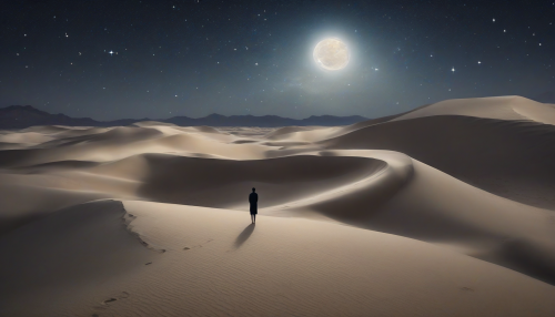 A vast desert under a night sky filled with shimmering stars, each twinkling light representing a philosophical thought. The dunes, sculpted by the wind, resemble the ebb and flow of human emotions, while a lone figure stands in contemplation, surrounded by a tranquil ambiance that invites deep introspection. The scene evokes the juxtaposition of loneliness and the infinite cosmos, inspiring a profound sense of wonder.