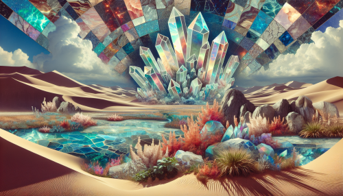 This collage art piece unfolds a mesmerizing landscape where iridescent crystals rise majestically from a sun-baked desert. Fragmented images of shimmering rocks, vibrant flora, and vast dunes weave together, creating a dreamlike panorama. The interplay of light and shadow enchants the viewer, inviting them to explore the serene beauty and hidden mysteries of this otherworldly oasis.