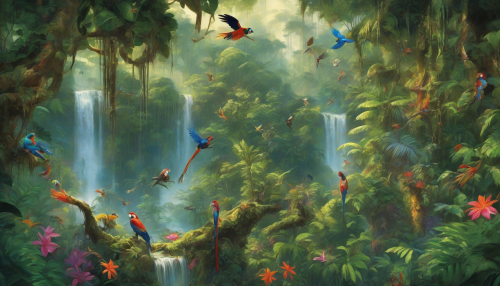 A lush, vibrant rainforest teems with life as sunlight filters through dense canopies, casting dappled light on the rich undergrowth. Exotic birds flit through the air, their colors bright against the green foliage, while curious monkeys swing playfully above. In the background, a waterfall cascades into a crystal-clear pool, where vibrant flowers bloom, adding splashes of color to this serene, unspoiled paradise.