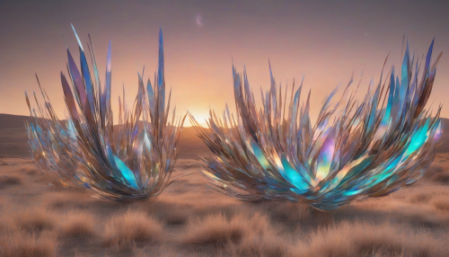 Gentle astral winds sweep across undulating plains, as kinetic sculptures of iridescent blades dance, shimmering with stardust and an ethereal glow, evoking an otherworldly harmony.