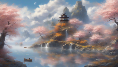 Amidst wispy clouds, floating islands drift by, each carrying the essence of a season: blossoming cherry trees, shimmering summer waterfalls, rustic autumn leaves, or frosty winter landscapes, creating an ethereal world of wonder and magic.