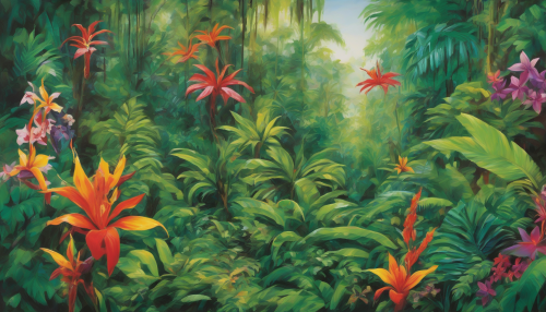 Lush green foliage and exotic flowers engulf the scene, as vibrant brushstrokes and bold colors evoke the intense energy of a tropical rainforest, inviting the viewer to step into its depths.