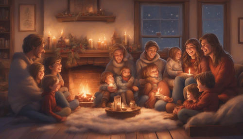 A joyful family gathered around a fireplace, surrounded by soft candlelight, with gentle smiles and loving eyes, as they share a tender moment of togetherness on a cozy winter evening, filled with warmth and happiness.