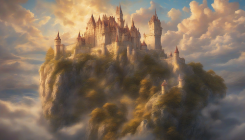 Create a stunning image that combines realistic portraits of majestic figures with an enchanting sky castle in the background. The castle, floating among fluffy clouds, should reflect the golden hues of a sunset, while the portraits capture intricate emotions and detailed features. This scene evokes a sense of wonder, inviting viewers into a magical realm high above the world.