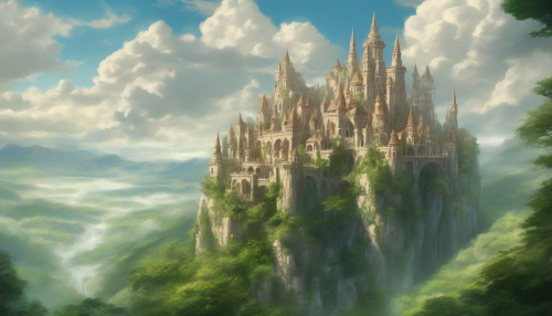 Envision a breathtaking sky castle, its turrets piercing through fluffy white clouds, surrounded by ethereal light. The architecture blends ancient styles, featuring majestic stone arches and intricate carvings reminiscent of a forgotten era. Below, lush green valleys and winding rivers shimmer under the sun, creating a harmonious contrast that hints at a magical world where history and fantasy intertwine.