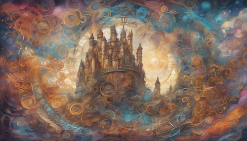 A majestic, hand-drawn castle swirls through a vibrant time vortex, surrounded by clockwork gears and swirling clouds, as ancient stones and mystical energies blend in a mesmerizing dance through eternity.