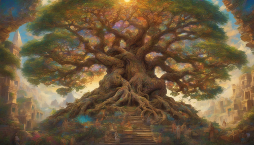 A majestic ancient tree stands as the centerpiece, its gnarled branches intertwining with vibrant cultural symbols from around the world. The lush foliage bursts with colors representing diverse traditions, while roots delve deep into a mosaic of ancient texts and artifacts. Sunlight filters through the leaves, casting a warm glow, inviting viewers to explore the interconnected wisdom of humanity's heritage.