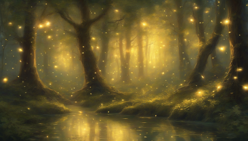 A mystical forest arises, bathed in warm, golden light, with towering trees and twinkling fireflies, evoking a sense of enchantment and wonder, as if stepping into a vintage, forgotten world, filled with magic and secrets.