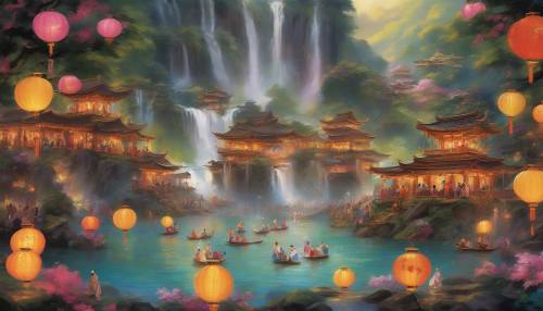 Imagine a breathtaking scene where vibrant festival elements intertwine with the majesty of enchanted waterfalls. Colorful lanterns float above, illuminating the cascading water below, while dancers adorned in traditional garb celebrate on a lush bank. The air is thick with the scent of blooming flowers and incense, as laughter and music blend with the soothing sounds of rushing water, creating an otherworldly atmosphere.