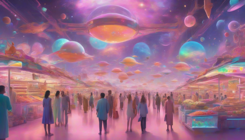 Imagine a sprawling interstellar marketplace, where sleek, minimalistic structures rise among vibrant stalls. The scene features floating holographic displays of exotic goods in a sea of pastel colors, with richly detailed alien vendors interacting in the background. Stars twinkle above, casting a soft glow on the pristine surfaces, creating a harmonious blend of simplicity and cosmic vibrance.