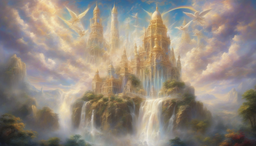 Imagine a majestic sky castle, its towering spires piercing the clouds, adorned with intricate religious motifs and golden accents that shimmer under the sunlight. Ethereal angels hover gracefully, their wings glistening with divine light, while vibrant stained glass windows reflect hues of serenity. Below, a cascading waterfall of clouds adds a mystical touch, evoking a sense of peace and transcendence.